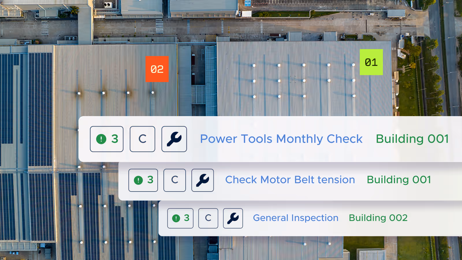 Aerial view of two industrial buildings labeled 01 and 02 with overlaid digital task checklists for maintenance activities on power tools, motor belt tension, and general inspection assigned to buildings 001 and 002.
